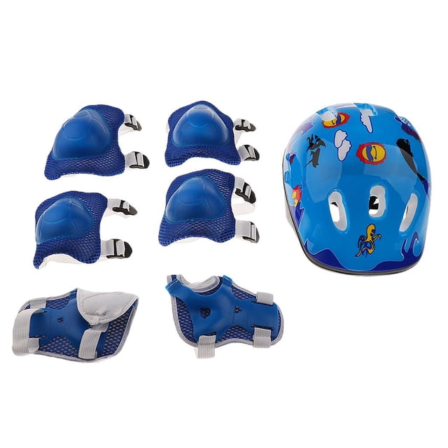 Ensemble d'Équipement de Protection Unisexe pour Patinage au Poignet, au Coude et au Genou pour Enfants par Luzkey, Comprenant un Casque Bleu avec des Motifs Colorés, Deux Genouillères, Deux Coudières et Deux Protège-Poignets. Fabriqué en Matériau durable avec un Rembourrage en Éponge Doux pour le Confort. l'Équipement Comprend des Attaches Ajustables à Crochet et Boucle pour un Ajustement Sécuritaire, Convient aux Activités comme le Planche à Roulettes, le Vélo et le mini Vélo.