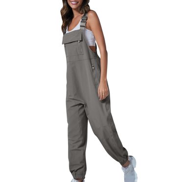 Lenpel Women's Bib Overalls Casual Sleeveless Adjustable Strap Tapered Leg Jumpsuits Travel Vacation Rompers with Zipper Pockets