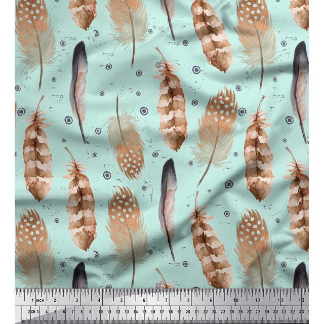 Soimoi Green polyester Crepe Fabric Eagle Feather Printed Fabric 1 Yard 52 Inch Wide