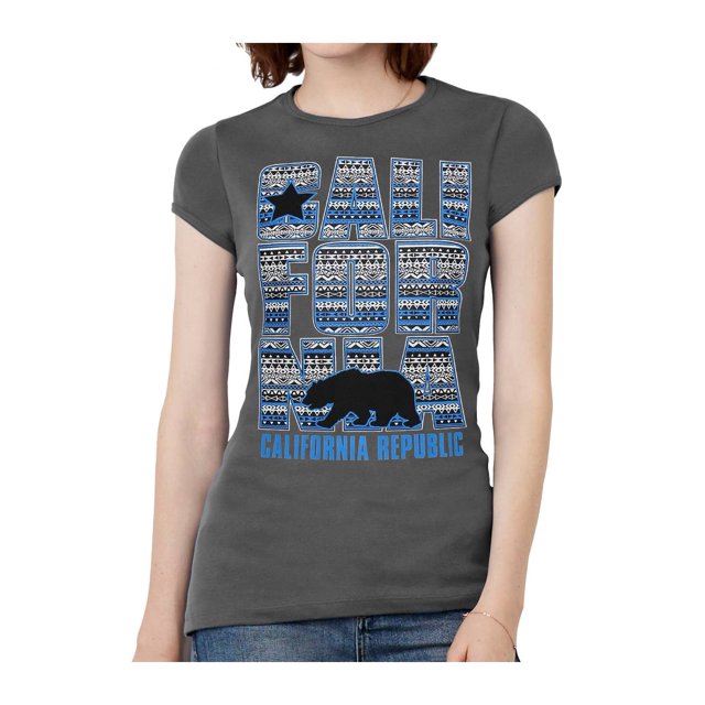 Womens California Republic Blue Tribal Pattern Black T-Shirt - Slate - Medium