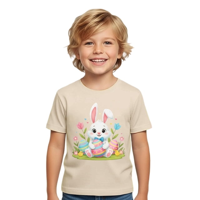 MIASHUI T-Shirts Graphiques de Pâques pour Garçons Manches Courtes Décontractées Douces Hauts Colorés pour Enfants Beige, 3-4 Ans