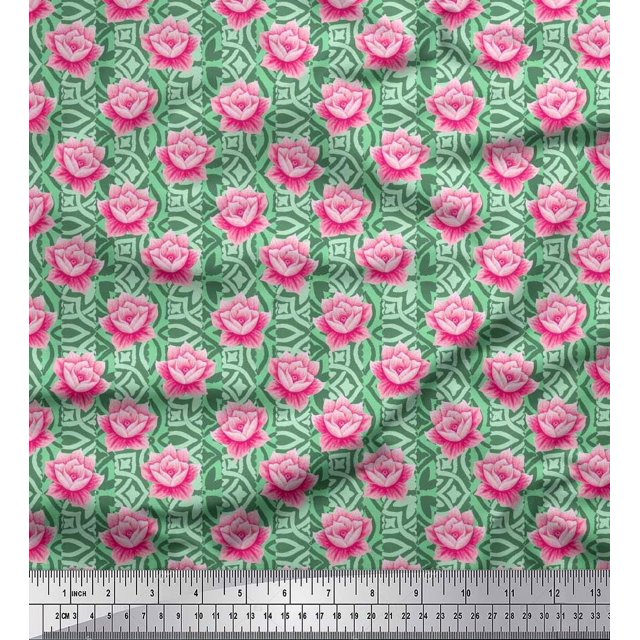 Soimoi Polyester Crepe Fabric Stripe & Rose Floral Printed Fabric 1 Yard 52 Inch Wide