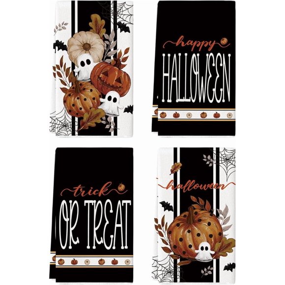 Black Ghost Polka Dot Pumpkin Happy Halloween Kitchen Towels Dish Towels, 18x26 Inch Farmhouse Bat Flower Decoration Hand Towels Set of 4