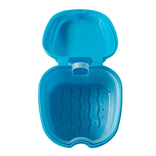 Denture Boîte en Plastique Denture Bain Case Denture Contenant avec Panier Filet Support en Couleur Bleu Pâle. Fait de Plastique PP durable, l'Étui Présente un design compact avec des dimensions de 8*4*4cm (3.15*1.57*1.57 Po) Lorsqu'il Est Ouvert. le Panier Filet Support à l'Intérieur Permet un Séchage Facile des Dentiers Sans Déversement de Liquide. Idéal pour un Rangement Sûr et Sanitaire à la Maison Ou en Voyage.