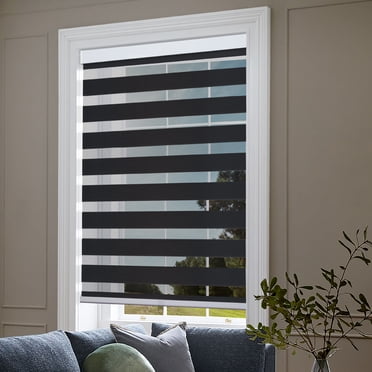 Biltek Zebra Cordless Window Blinds, Dual Layered Light Filtering Roller Shades, Easy Install Blinds, Indoor Home Decor, Pull-Down Shades for Windows, Light Control for Day & Night, Black, 46"W X 72"H