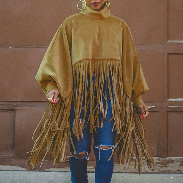 Woman's Long Sleeve Fashion Solid Color High Neck Lantern Sleeve Tassel Design Tops