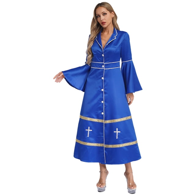 TiaoBug Clergy Robe for Women Long Sleeve Buttons Cassock Pulpit Church Minister Pulpit Robe Liturgical Vestments Royal Blue XXL