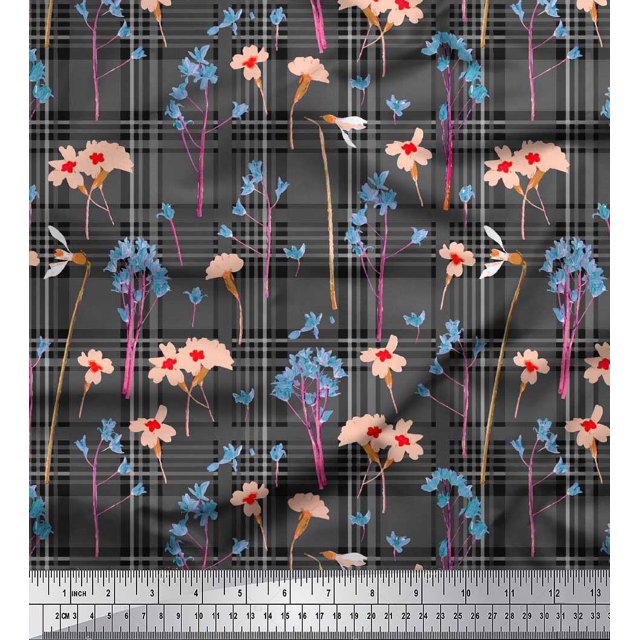 Soimoi Georgette Viscose Fabric Floral & Check Print Fabric by Yard 42 Inch Wide