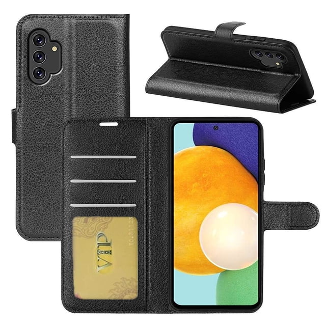 Samsung Galaxy A14 5G Wallet Case by Phonesmart, featuring a black leather magnetic folio design with multiple card slots, a pocket for bills, and a secure magnetic clasp. The case doubles as a media stand and includes a durable TPU inner layer for shock absorption. Shown open with a phone inside and cards stored in the slots.