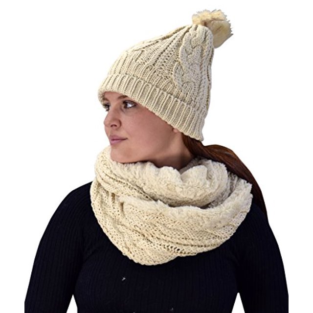 Peach Couture Thick Cable Knit Faux Fur Plush Double Layer Hat Infinity Scarf Set