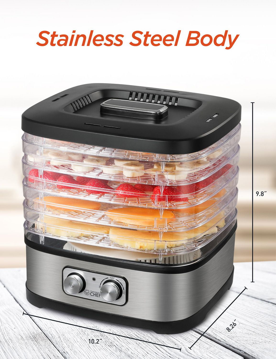 COMMERCIAL CHEF Food Dehydrator with 5 Adjustable Height Trays, Stainless Steel Food Dehydrator Machine for Beef Jerky, Dehydrated Vegetables and More