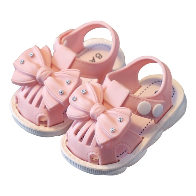 Girls PVC Sandals Bowknot Rhinestone Snap Fastener Close Toe Hollow out Soft Sole Non Slip Comfortable Breathable Washable Lightweight Beach Summer Water Shoes for 0-3 Years Pink