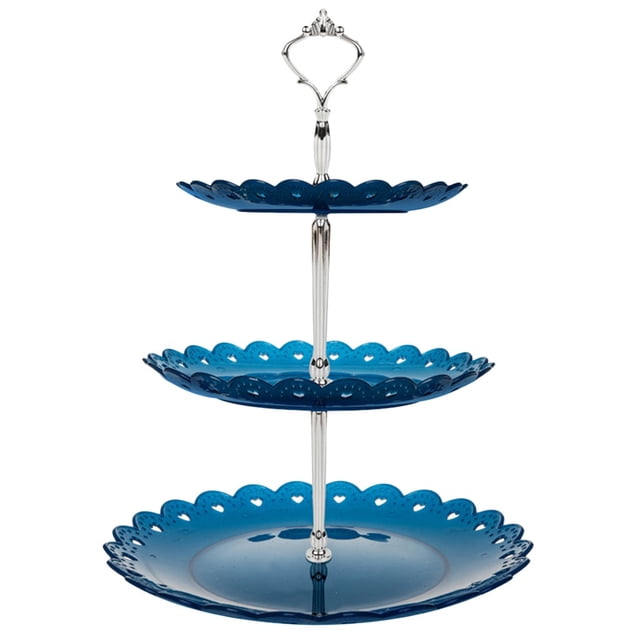 TIMIFIS Cups Home 3-Tier Cupcake Stand Cake Dessert Wedding Event Party Display Tower Plate in blue. This tiered stand features three scalloped-edge plates made of PP material, supported by a silver-tone handle with an ornate design. Ideal for serving cupcakes, desserts, fruits, or other treats at events like weddings, tea parties, or holiday gatherings. The elegant design enhances table decor and impresses guests.
