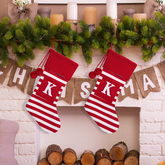 Wzzjkit Christmas Stockings Personalized Knitted Cute Striped Embroidered Letter Christmas Tree Decorations Children's Candy Gift Bag for Home Party Ornament Decor Christmas Stocking