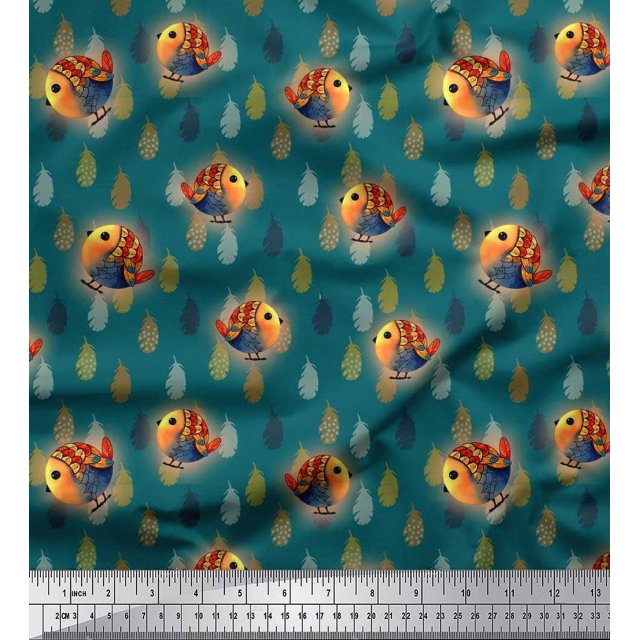 Soimoi Viscose Chiffon Fabric Feather & Bird Cartoon Fabric Prints by Yard 42 Inch Wide