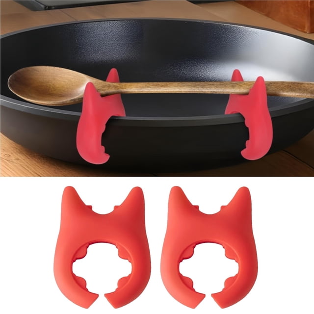 1PC Spoon And Lid Rest 2 PCS Spoon Pot Pan Holder Spatula Bracket Clips Heat Resistance Non Slip Silicone Pot Spoon Holder Pot Clip Holder Fun Cartoon Spoon Rest For Pot Kitchen Gadget Red