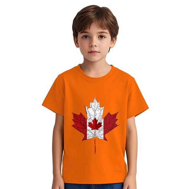 T-shirt Doux à Manches Courtes Décontracté pour Tout-Petit HVOBBTY, T-shirt Mode à Col Rond à Manches Courtes Orange pour Garçons Tout-Petits avec Imprimé de Feuilles d'Érable, 9 Ans