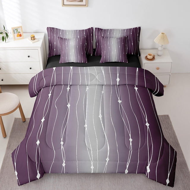 YST 7Pcs Purple and Grey Watercolor Comforter Set, Twin Size, Ombre Gradient, Modern Geometry