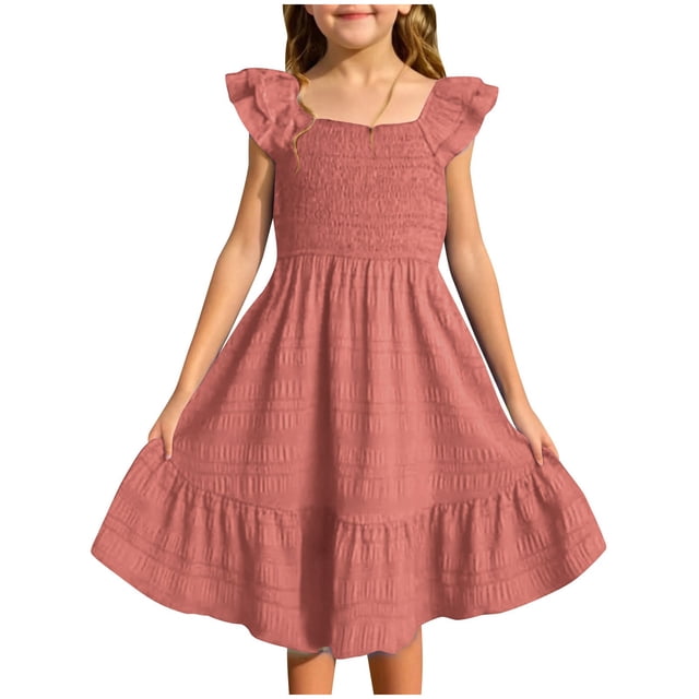 MIASHUI Robes pour Filles à Manches Volantées, Robe d'Été Trapèze Décontractée, Robe Évasée d'Été, Rouge Brique, 5-6 Ans