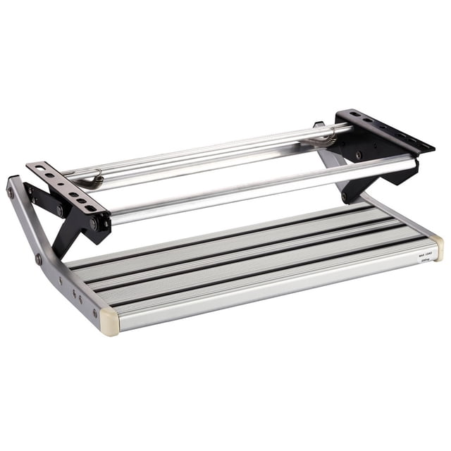 GEARFLAG Manual RV Step Single, Aluminum, 440 lbs Capacity, Anti-Slip, Folding Entry Step for Camper, Trailer, Motorhome. The step features a rust-resistant aluminum alloy platform with a black powder-coated steel support plate for durability. It has a textured, anti-slip surface for safety and can be installed using screw holes. Folded dimensions are 55cm width x 36cm depth x 14cm height, and unfolded dimensions are 55cm width x 50cm depth x 23cm height. Suitable for RVs, vans, and trucks.