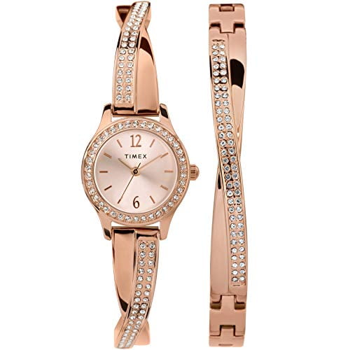 Timex Womens Dress Crystal 23mm Watch & Bracelet Gift Set – Rose Gold-Tone