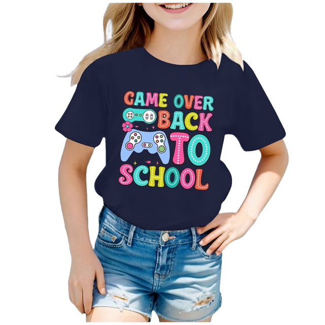 PMVFHDE T-Shirts Graphiques pour Filles, T-Shirt à Manches Courtes, Col Rond, Lumineux et Confortable pour la Rentrée Scolaire, Bleu Marine, 4-5 Ans