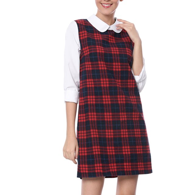 INSPIRE CHIC Robe de Noël pour Femme Peter Pan des Années 60 à Blocs de Couleur Mini à Manches Longues TP Rouge