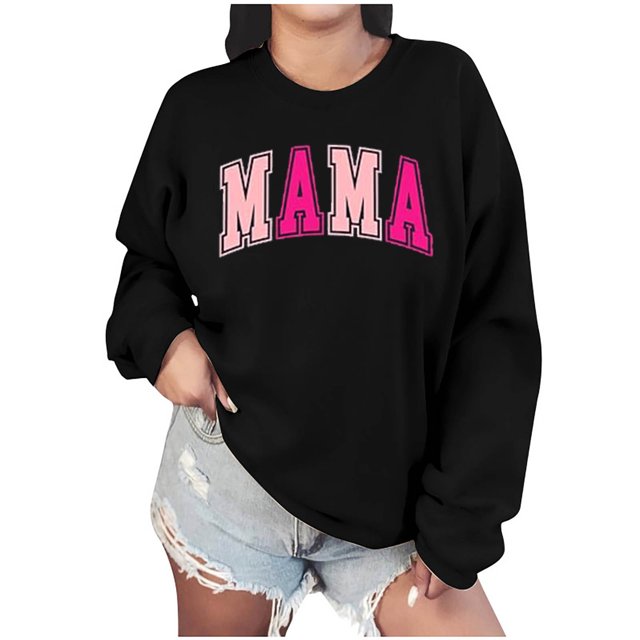 Culottes pour Femmes Chandail Maman Femmes Surdimensionné Paillettes Patch Maman Chandails à Col Rond Maman Imprimé Manches Longues Ample Mode Chandail TP Noir