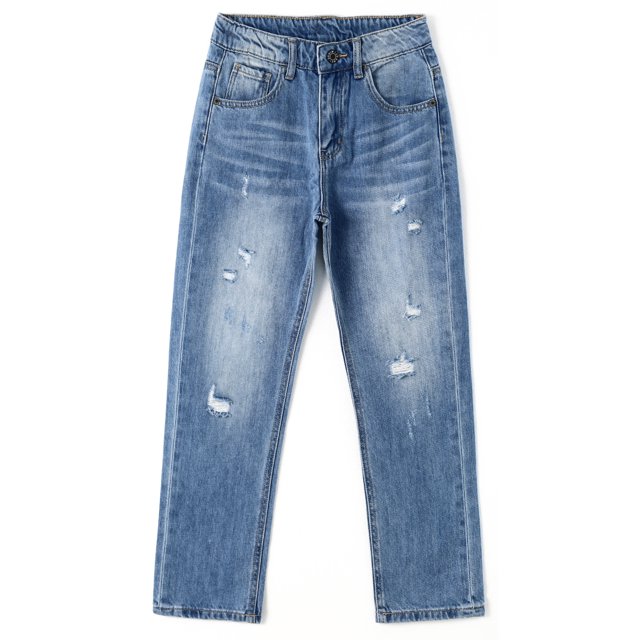 KIDSCOOL SPACE Big Boys Jeans,Kids Elastic Band Inside Ripped Denim Pants,Light Blue,8-9 Years