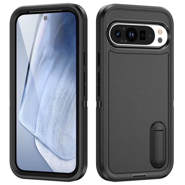 For Google Pixel 9 Case, a black heavy-duty protective cover designed for the Google Pixel 9 (6.3-inch). Features a built-in hidden kickstand that folds flush with the back, providing adjustable viewing angles from 0 to 60 degrees in both portrait and landscape modes. The case is military-grade shockproof, drop-proof up to 20 feet, and dustproof, with triple-layer construction using TPU and polycarbonate materials for ultimate durability. Raised edges offer 100% screen and camera protection, while non-slip edges and dustproof port covers ensure secure grip and cleanliness. Slim and lightweight design for easy portability.