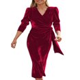 thumbnail image 2 of Women Velvet Midi Bodycon Dress Solid Color V-Neck Tie-Up Long Sleeve Dress Evening Party Dress, 2 of 5