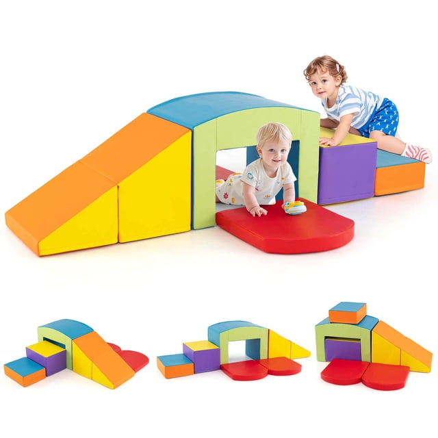 Costway 6 PCS Multi-color Climb and Crawl Activity Playset with Tunnel Slide Stairs & Ramp. This 6-piece foam playset includes an arch, a large rectangle, a small rectangle, a triangle, and two fan-shaped blocks. Designed for toddlers aged 12 months and up, it features high-density EPE foam with a waterproof PU leather cover for safety and comfort. The vibrant multi-colored pieces are connected with hook-and-loop fasteners, encouraging motor skill development, balance, and creativity. Lightweight and easy to clean, the playset is ideal for indoor use in playrooms, daycare centers, or kindergartens. The image shows toddlers interacting with the assembled set, which includes a tunnel, slide, and climbing steps.