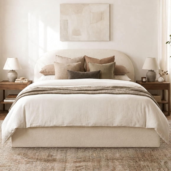 Aykah Lunel Boucle Queen Bed Frame with Storage, Upholstered Headboard, Metal Bed Frame Queen Size with Headboard, Hydraulic Storage System, No Box Spring Required (Marshmallow Boucle)
