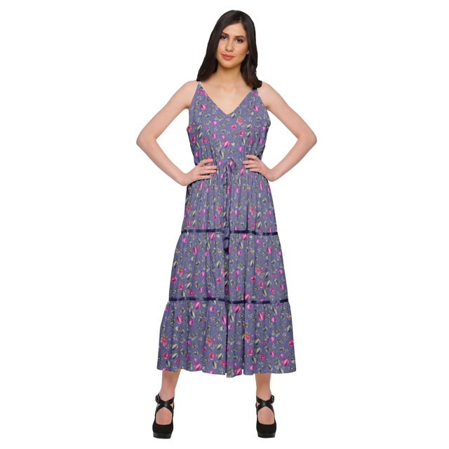 Moomaya Robe Longue Maxi pour Femmes en Coton Imprimé à Bretelles Spaghetti et Col en V