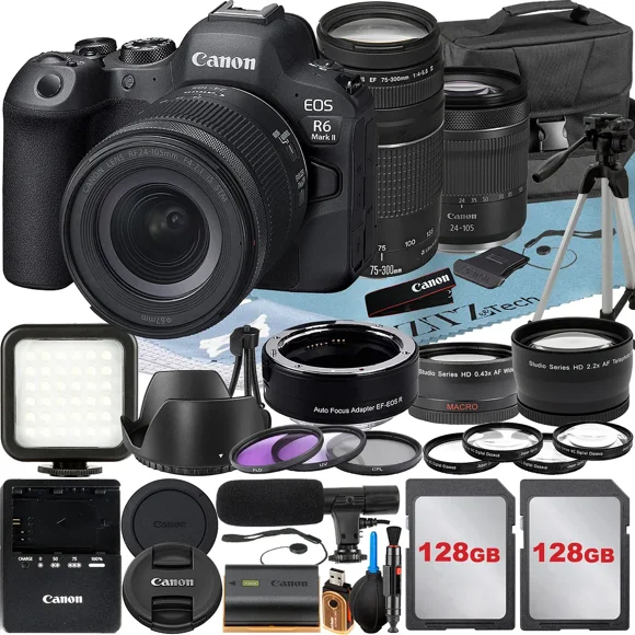 Canon EOS R6 Mark II Appareil Photo Sans Miroir avec Objectif RF 24-105mm + EF 75-300mm + Adaptateur de Monture + Lot de 2 Cartes Mémoire 128 Go + Flash LED + Étui + Accessoire ZeeTech