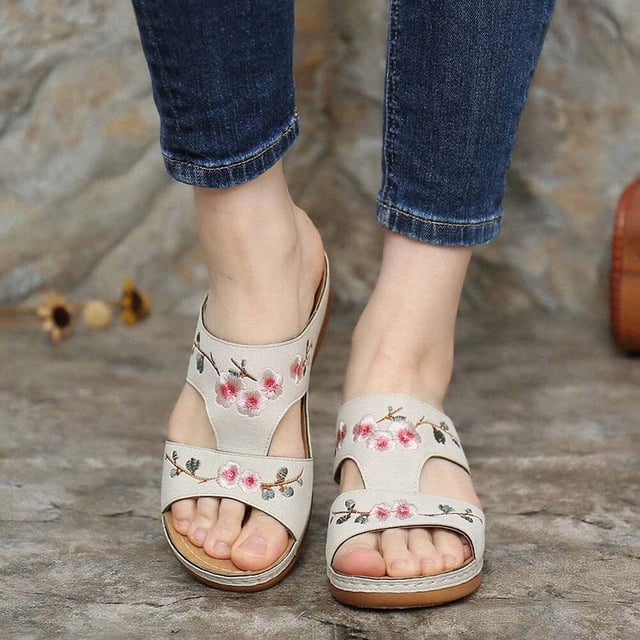 DPTALR Sandales à Talon Compensé d'Été pour Femmes avec Broderie Florale Chaussures pour Femmes