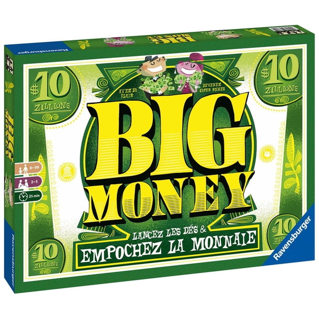 Ravensburger Big Money (FR) board game box in green and yellow featuring bold 'BIG MONEY' text, French phrases to roll dice and collect money, cartoon characters with cash, $10 Zillions currency symbols, for 2-5 players aged 8 to 99, with 25-minute playtime.
