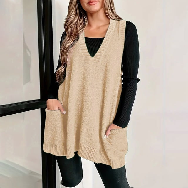 IMENGL Chandail Sans Manches à Poche Confortable, Col en v, Beige 4TG, Taille g-4TG
