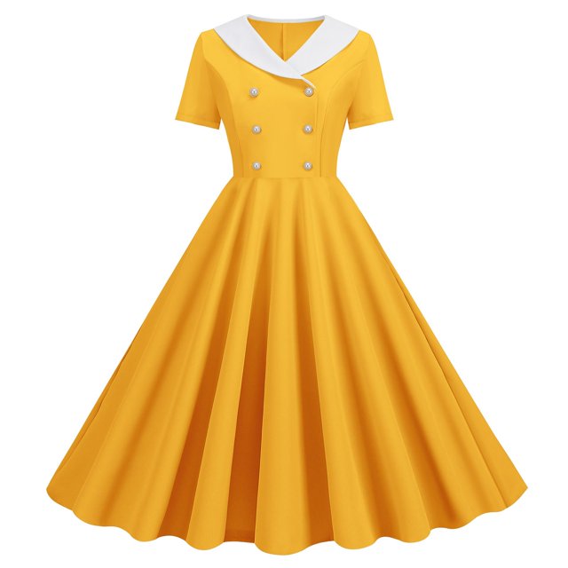 B91xZ Robes pour Femmes Manches Courtes Décontractées Amples Robe Midi Boutonnée avec Poches, Jaune P