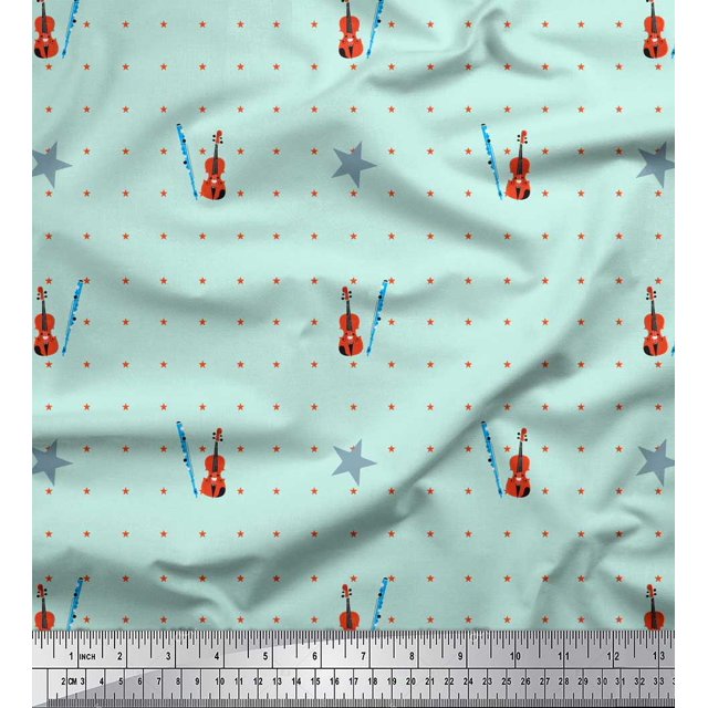 Soimoi Green Moss Georgette Fabric Stars & Violin Musical Instrument Print Fabric by Yard 42 Inch Wide
