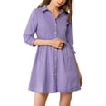 thumbnail image 1 of INSPIRE CHIC Junior's 3/4 Sleeve Solid Button Front Flare Mini Shirt Dress, 1 of 5