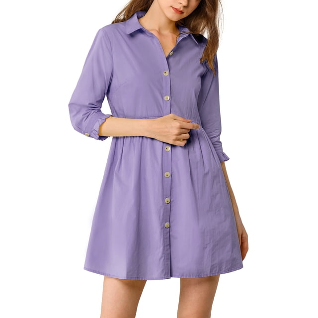 INSPIRE CHIC Junior's 3/4 Sleeve Solid Button Front Flare Mini Shirt Dress