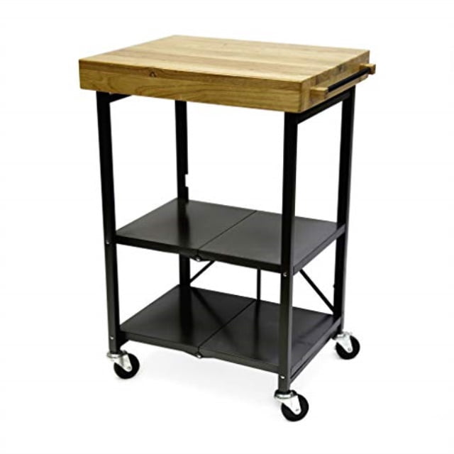 Origami Folding Kitchen Cart on Wheels in black with a solid wood block top. This multi-functional cart features two sturdy black powder-coated steel shelves, a built-in towel rack, and four caster wheels for mobility. Designed for use as a kitchen island, microwave cart, or utility cart, it supports up to 100 pounds and folds for compact storage. Dimensions unfolded are 25.3 x 19.8 x 36.2 inches, and folded dimensions are 5.8 x 19.8 x 36.2 inches.
