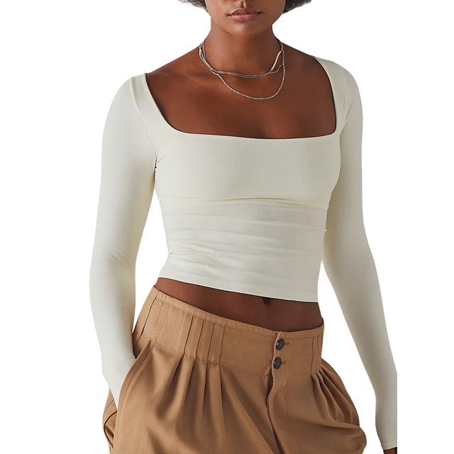 Fortune Women Square Neck Long Sleeve Top Basic Slim Fit T-Shirts Solid Crop Top