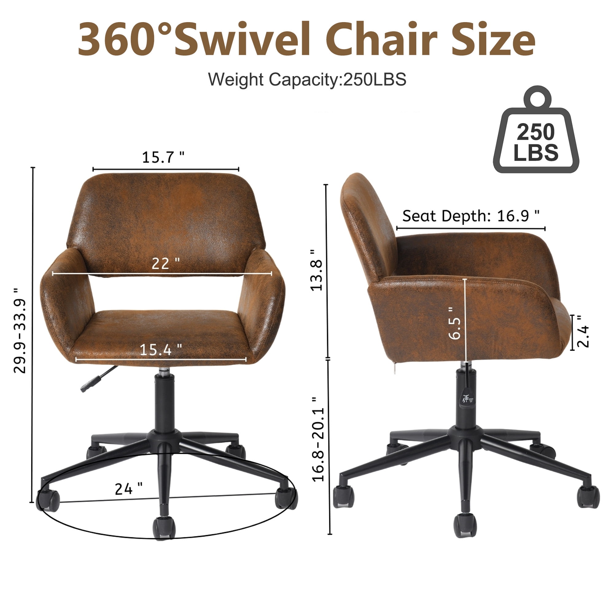 Homy Casa Compact Home Office Chair, Brown Faux Suede Desk Chair with 360° Swivel, Adjustable Height and Rolling Base