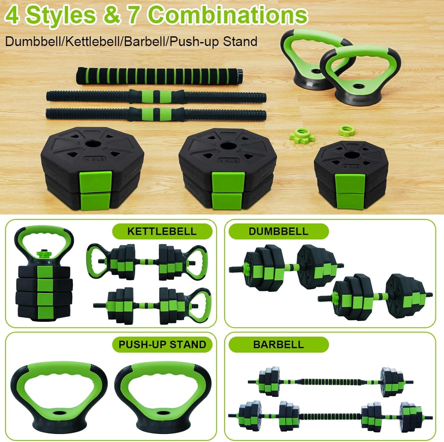EDTara Adjustable Dumbbell Set, 4 In 1 Dumbbell Strength Training Equipment, Push up Stand, For Women Men Exercise Home, 44lbs, Green