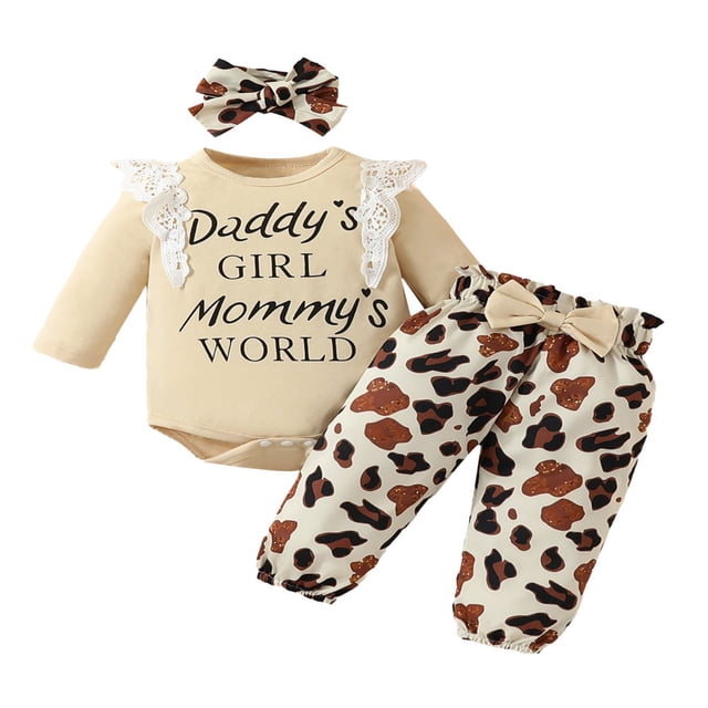 Baby Girls 3Pcs Fall Outfits Long Sleeve Lace Ruffle Romper + Pants + Headband Set Infant Clothes
