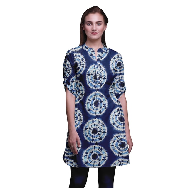 Bimba Short Kurtis For Ladies Printed Mandarin Collar Roll Up Sleeve Dress