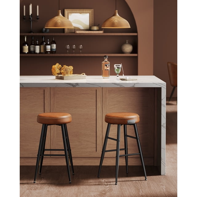 VASAGLE Echo Collection Bar Stools Set of 2, Kitchen Counter Stools, Synthetic Leather with Stitching, 24.8''Tall, Home Bar Dining Room, Caramel Brown