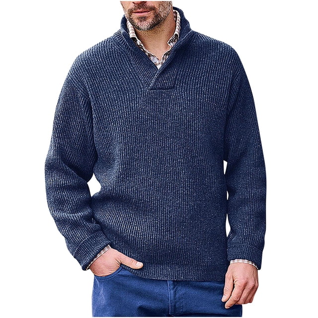 Rbaofujie Chandails d'Automne pour Hommes Mode Col en V Chaud Extérieur Manches Longues Chandail Tricoté Haut Chandail Col en V Bleu Foncé Chandails d'Automne